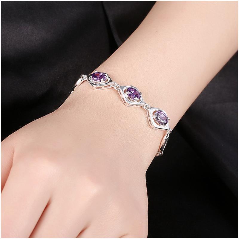 H494Women Silver Bracelet女生饰品气质紫锆石手链镀925纯银复古送女朋友七夕情人节礼物