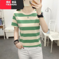 YIBUSHENG2024年新款装遮肚子宽松大码条纹短袖t恤女装正肩半袖体恤上衣 385绿色 5XL建议180-200斤