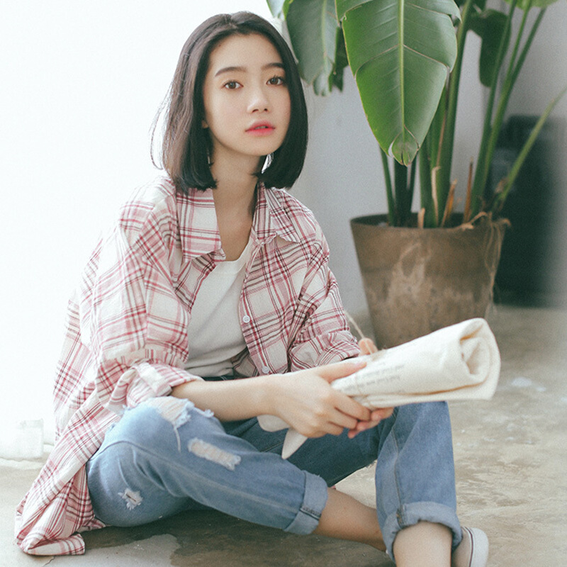 格子衬衫女长袖2018春装新款韩版宽松外套港风早秋社会衬衣粉红均码