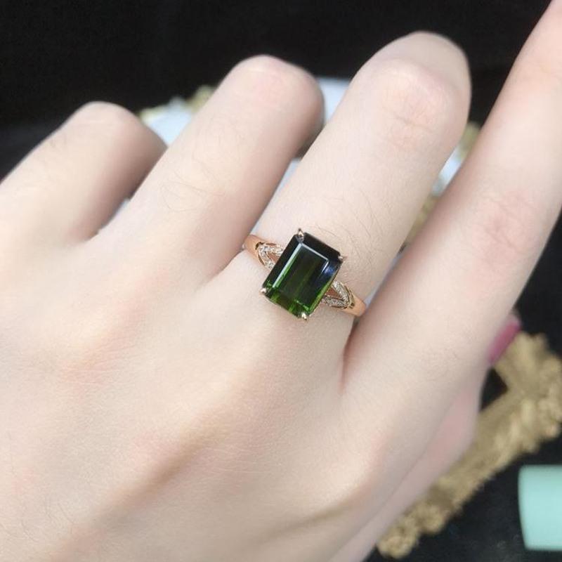 方形绿碧玺天然方形绿碧玺戒指玫瑰金色翠绿墨绿祖母绿微镶莫桑石高级