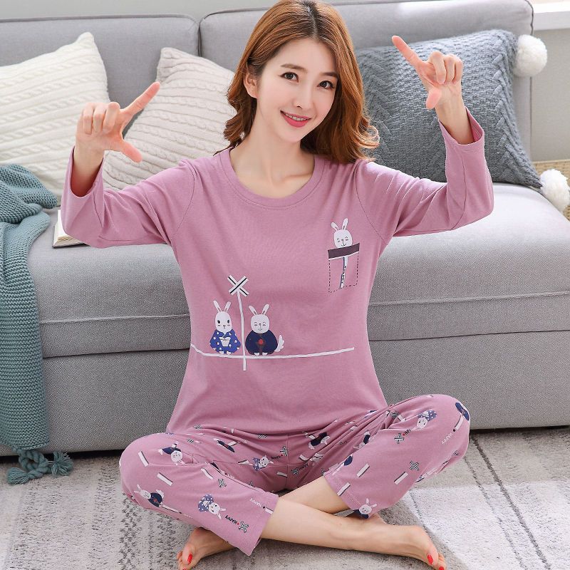 睡衣女春秋冬季长袖韩版女士学生ins卡通纯色棉质睡衣套装家居服