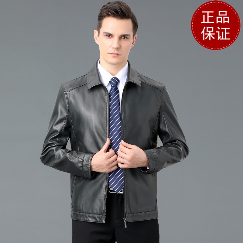 免费试穿 中年人皮衣男爸爸装宽松加大码外套春秋装加厚加厚皮夹克基础拉链款2024冬装新款外套潮海宁软皮夹克大码男装 灰绿 190