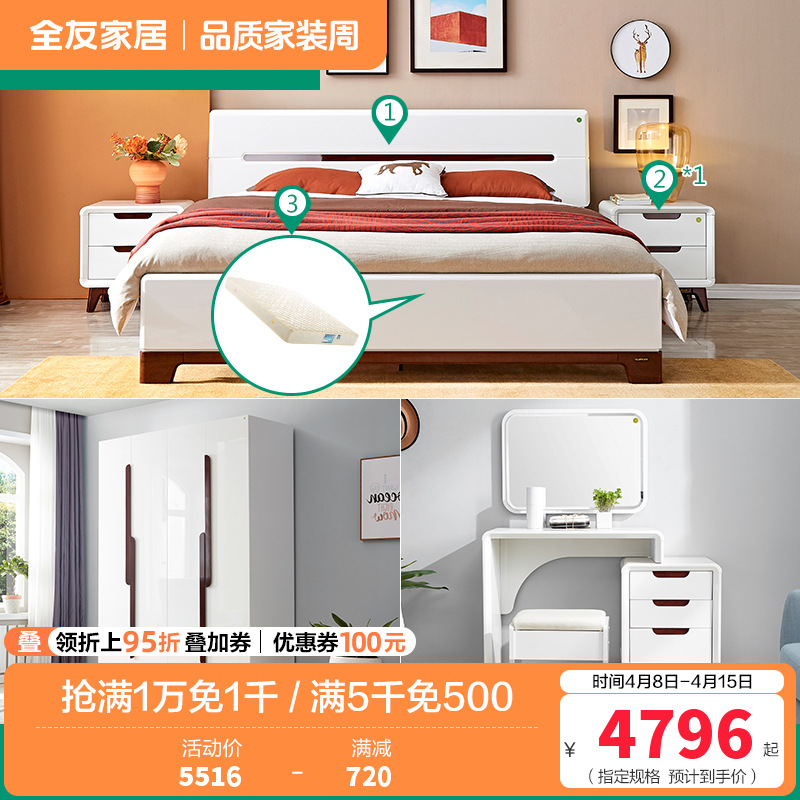 全友家居 现代简约卧室家具套装 双人床衣柜梳妆台凳 1.8米床+床头柜*1+105001床垫+四门衣柜+梳妆台凳