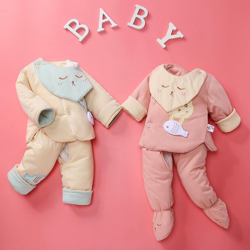 婴儿棉衣套装满月宝宝加厚衣服0-3个月宝宝秋冬棉衣新生儿五件套 小猫钓鱼粉色五件套 0-3个月