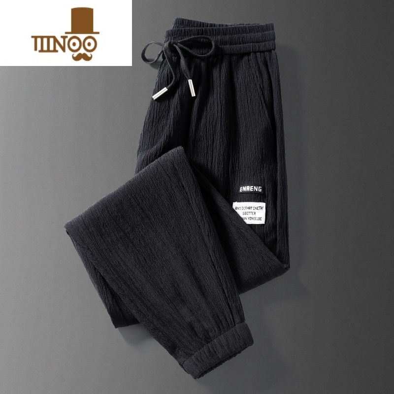 YANXU夏季超薄款亚麻棉麻运动裤男士束脚宽松冰丝速干九分休闲裤子男薄 2XL 黑色