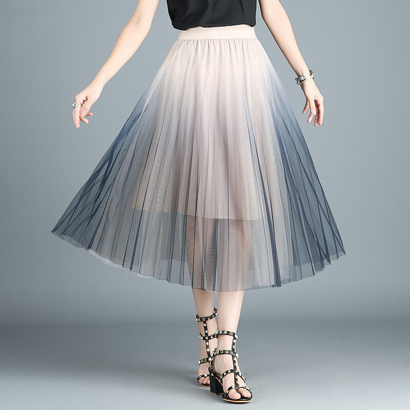 渐变色网纱半身裙女夏季新款韩版气质淑女高腰弹力修身双层纱长裙白色