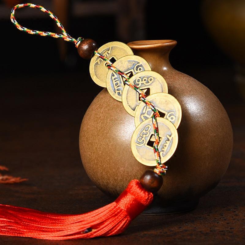 家柏饰(CORATED)铜五帝钱六帝钱挂件 五色线桃木葫芦铜钱古币摆件高清大图