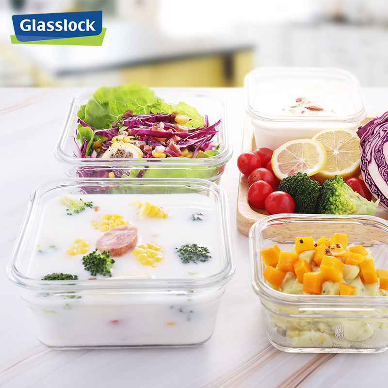 三光云彩(GLASSLOCK)韩国进口钢化玻璃保鲜盒四件套900ml*2+405ml*2便当饭盒可微波炉加热男女带饭套装