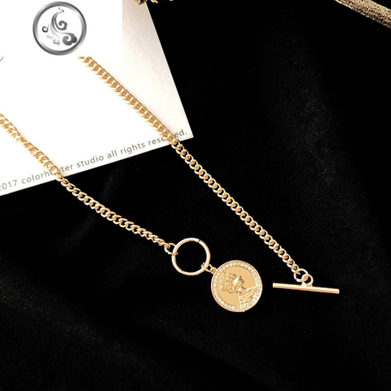 复古大气短款简约人像硬币毛衣链百搭2019年秋冬新款锁骨链项链女 镶钻金币人像