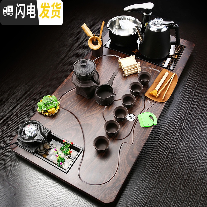 三维工匠全自动一体实木茶盘茶台家用整套茶具套装紫砂功夫喝茶杯防烫茶壶 12布袋佛龙冰裂+防烫jdp 36件高清大图