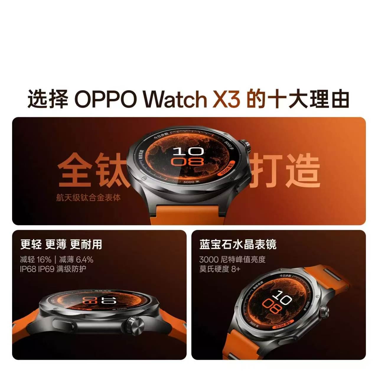[智能手表]OPPO Watch X3 OWW261 寰宇星橙 航天级钛合金表体高清大图