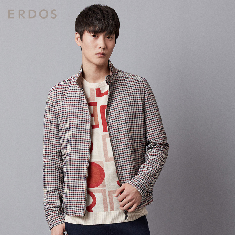 ERDOS 新款男士立领格纹夹克拉链短款上衣外套领口一粒扣