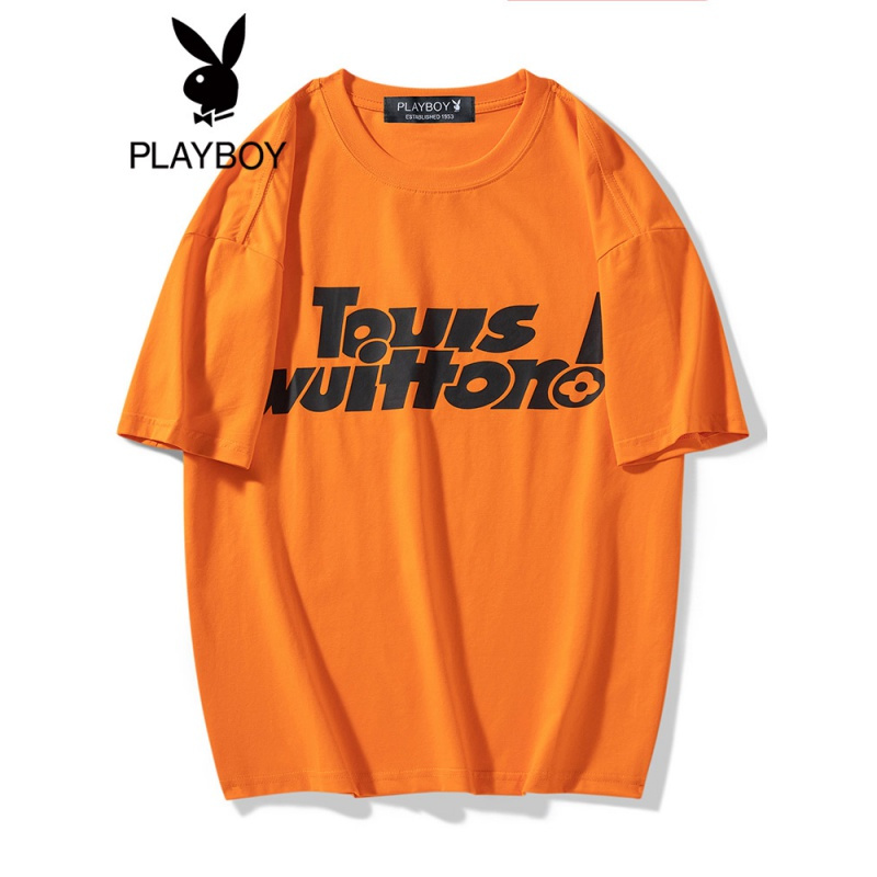 花花公子大码夏季男士圆领短袖字母印花休闲T恤潮牌潮流体恤宽松