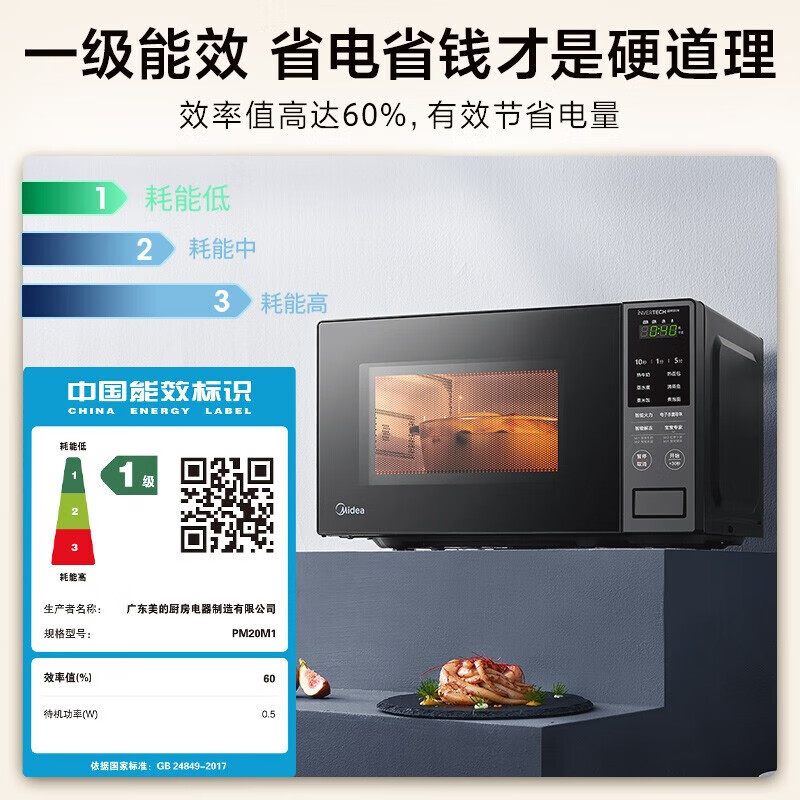 美的微波炉20升变频微波炉 家用小型微波炉 节能大火力低噪音 智能蒸煮菜单PM20M1/PM20W1(随机发)微波炉