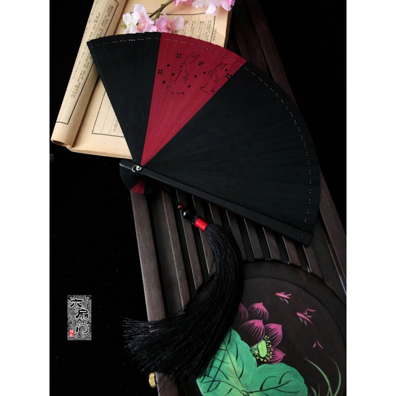 中国风男女全竹扇子小日式折扇随身古风舞蹈扇折叠纯色镂空花 三维工匠 樱花蓝高清大图