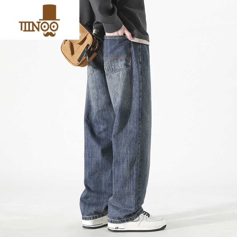 YANXU复古牛仔裤男做旧水洗高街潮牌休闲裤青少年直筒拖地长裤子高清大图