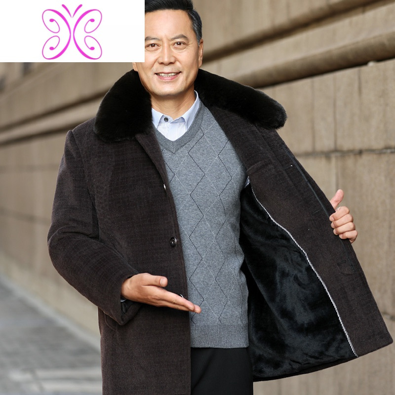 yuansu中年呢子大衣男士中长款风衣中老年爸爸冬装加绒保暖呢子大衣