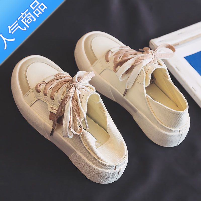 SUNTEK帆布鞋夏季新款透气2023新款两穿半拖一脚蹬小白鞋懒人休闲女鞋子高清大图