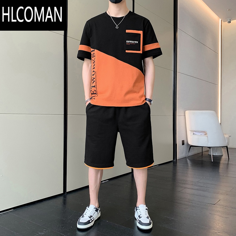 HLCOMAN休闲运动套装男士夏季冰丝薄款短袖短裤一套搭配帅气时尚男袖 4XL NY-21056桔红+K531黑色