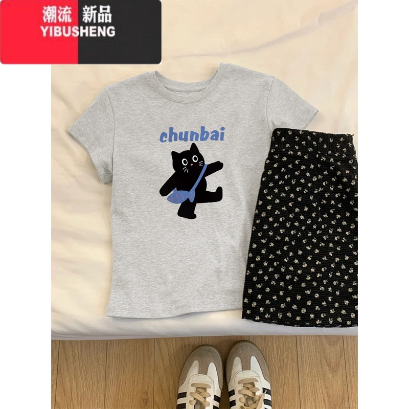 YIBUSHENG设计感小猫印花正肩短袖T恤女2024季休闲百搭宽松显瘦0短高清大图