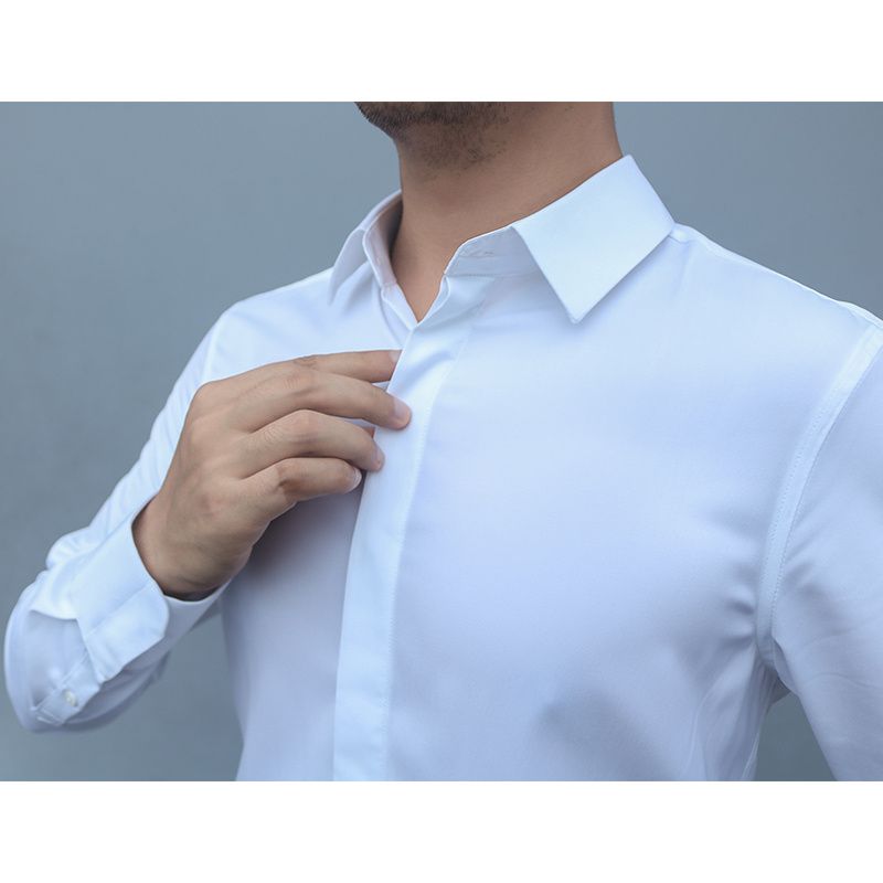 suntek睿仕先生白暗扣长袖衬衫后背折痕收腰商务职场酒店新伴郎男衬衣