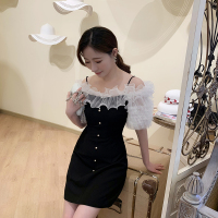 女装2019款黑色压褶荷叶边气质短款高贵名媛显瘦连衣裙夏
