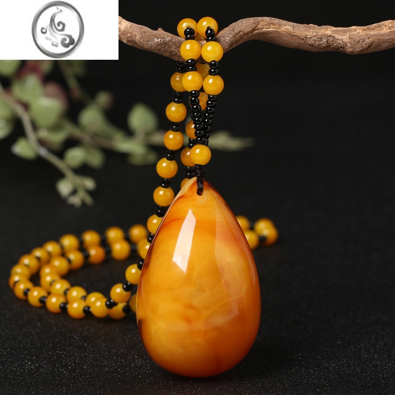 jimi老蜜蜡吊坠男女款鸡油黄琥珀长款项链二代蜜蜡民族风挂坠毛衣链