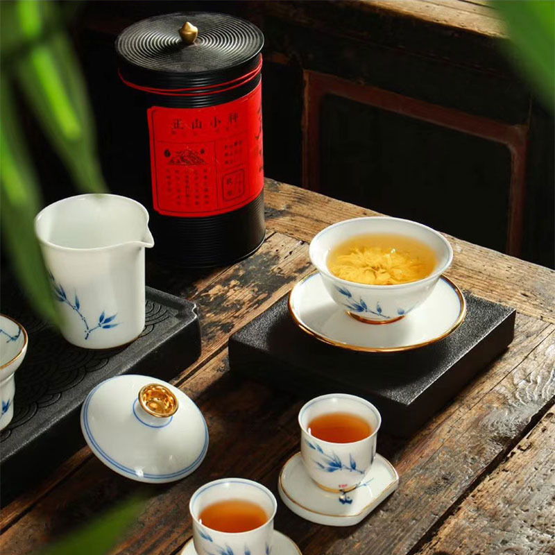 瓷物语6人套茶杯装时尚简洁现代小杯陶瓷功夫茶具家用手绘青花(竹子款)