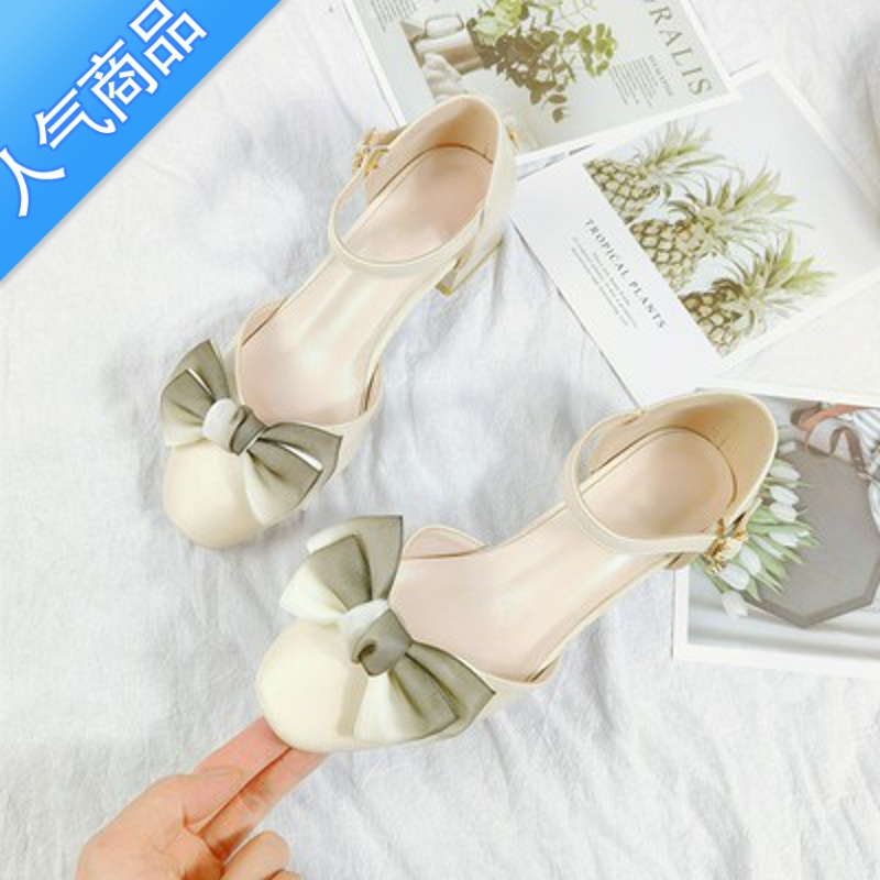 SUNTEK2022夏季新款百搭仙女风蝴蝶结粗跟中跟方头一字扣包头凉鞋女高清大图