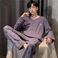 棉男士睡衣长袖春秋季新款圆领加大码宽松高档家居服套装男_532 2XL Z8160