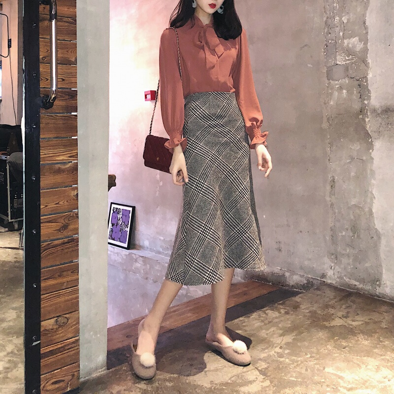 港味复古格纹优雅淑女气质中长款A字伞裙鱼尾裙包臀半身裙女图色