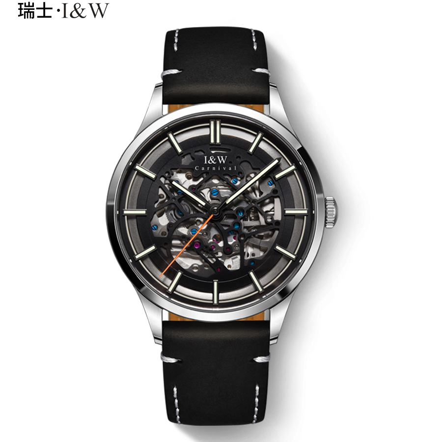 瑞士正品爱沃驰I&W CARNIVAL手表全自动机械表 男表进口机芯表镂空夜光时尚潮流防水表十大品牌钢带588G 精钢黑光皮