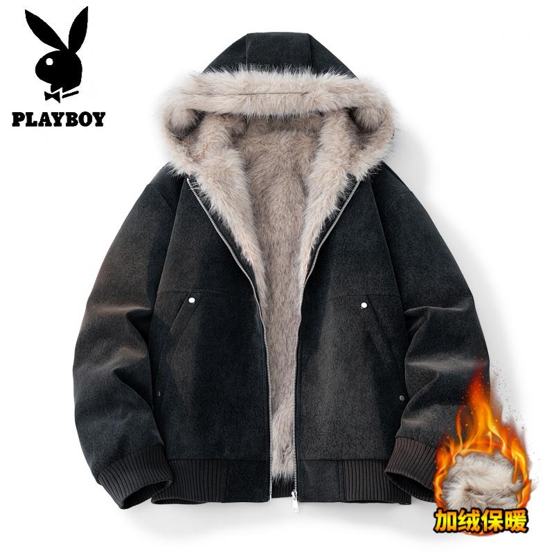 花花公子新款高品质加绒连帽棉衣男加绒夹克座山青少年保暖冬季外套 炭黑 XL