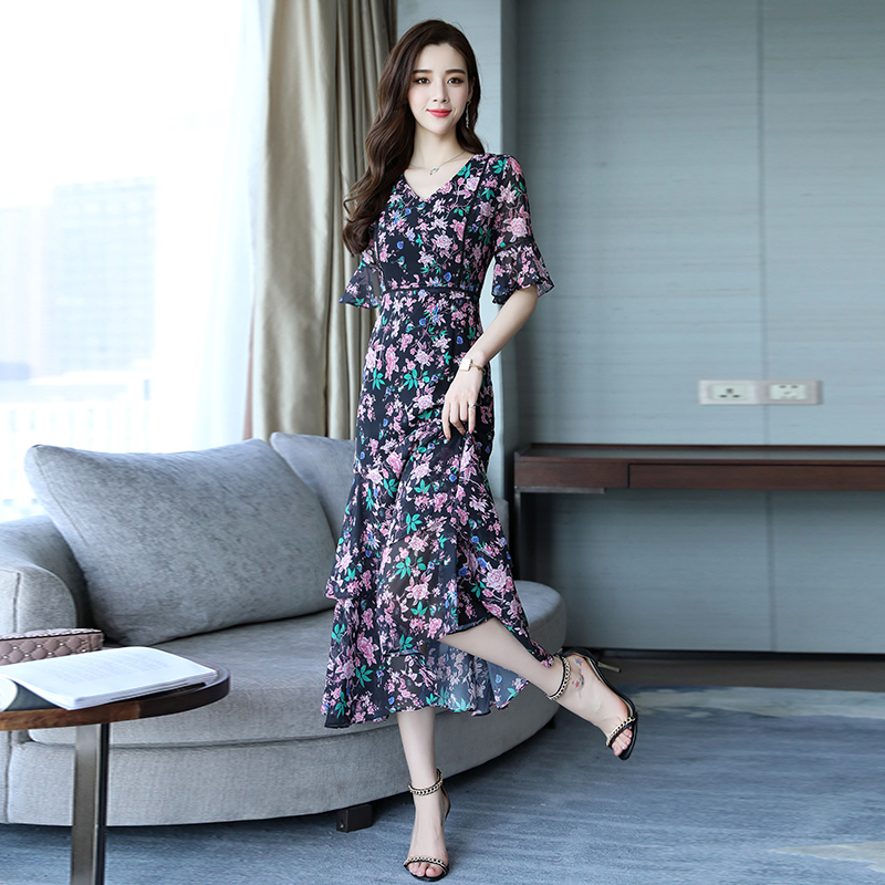 女士夏款新品女装韩版时尚气质显瘦印花连衣裙显瘦不规则蛋糕裙潮