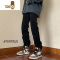 YANXU美式牛仔裤男士修身直筒长裤高街复古裤子黑色男生微喇宽松