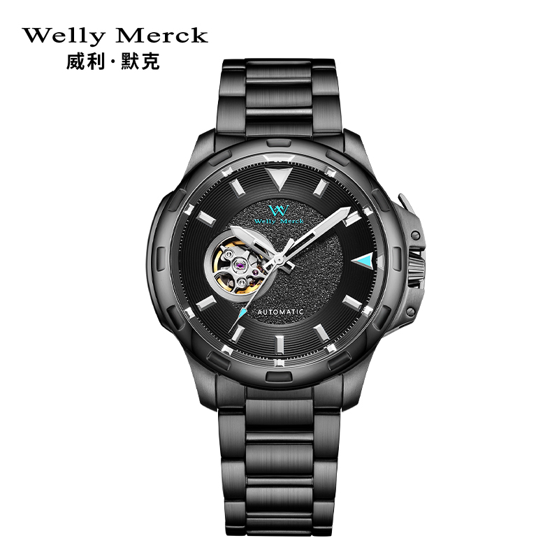 welly merck威利默克手表男新款自动机械表品牌正品防水时尚男表冒险家系列镂空腕表WM038M 黑蓝黑壳钢带