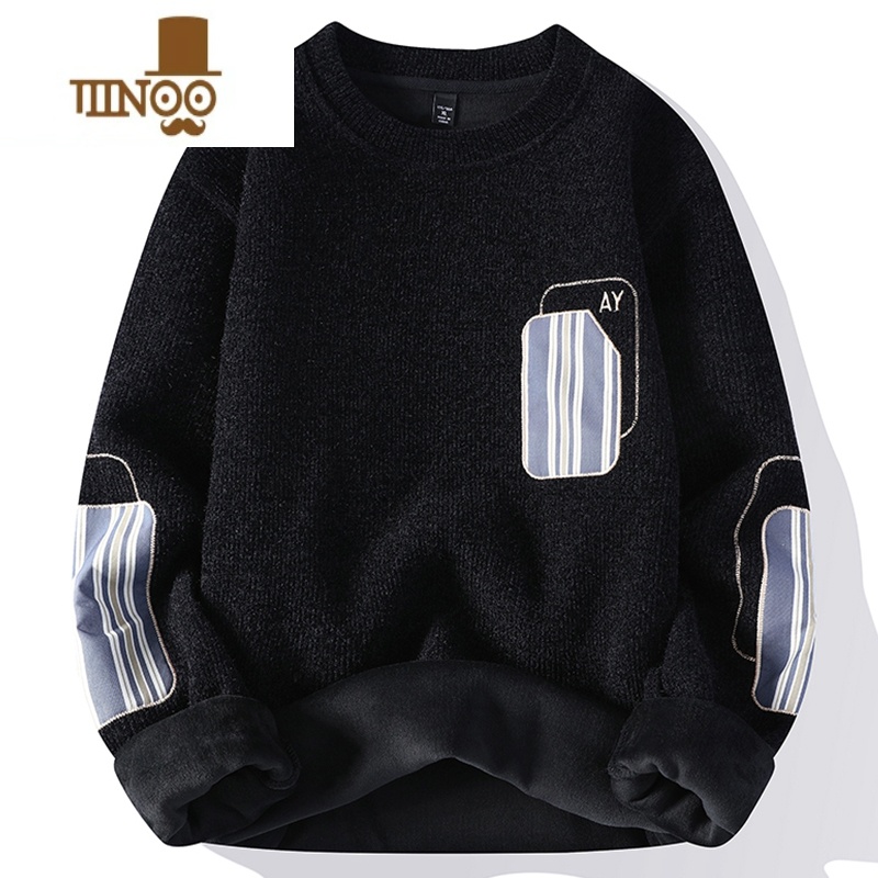 YANXU卫衣男士毛衣新款一体加绒加厚宽松圆领保暖上衣打底针织衫高清大图