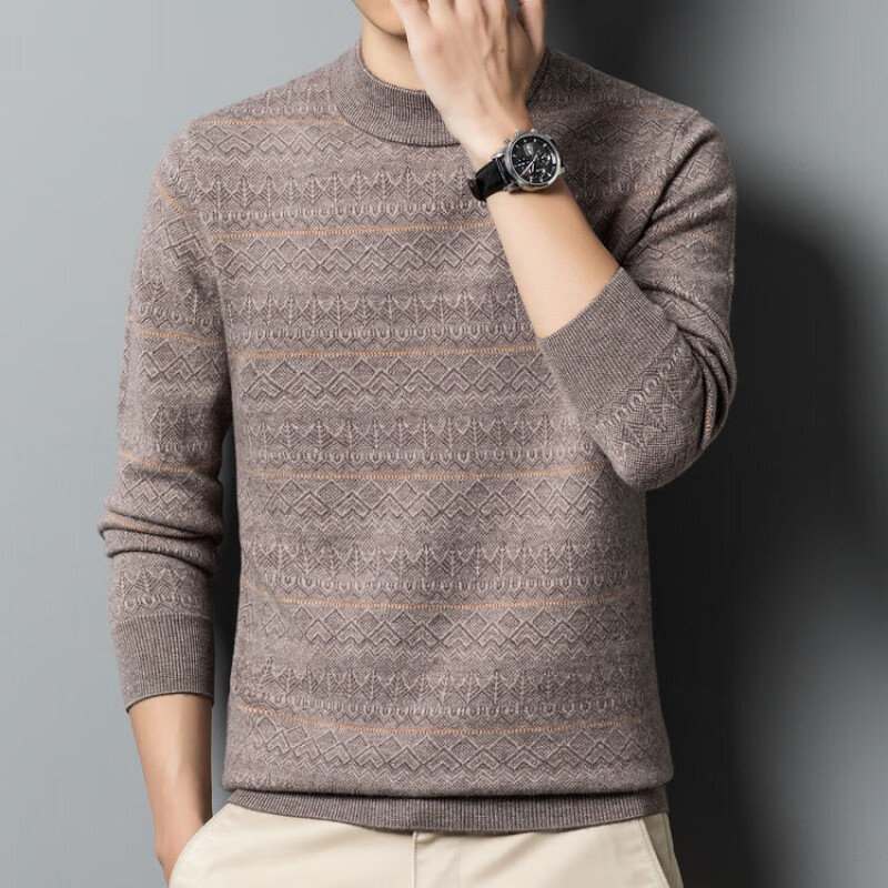 旗舰店加厚款纯羊毛衫男冬季半高领提花潮流针织打底衫男装保暖毛衣