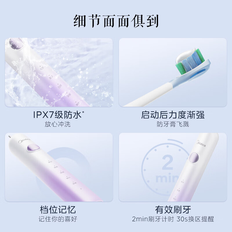 美的(Midea)YM3水袖蓝电动牙刷成人 扫振升级便携款 180天长续航 高效清洁牙齿 男士女士专用高清大图
