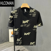 HLCOMAN时尚满印花设计感短袖t恤男夏装大码宽松网红潮牌百搭半袖上衣服