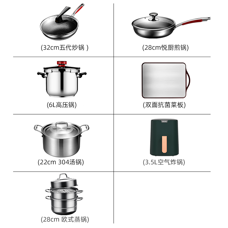 康巴赫旗舰炒锅厨具套装全套家用多件套 不锈钢五件套-五代炒锅+煎锅+汤锅+高压锅+蒸锅高清大图