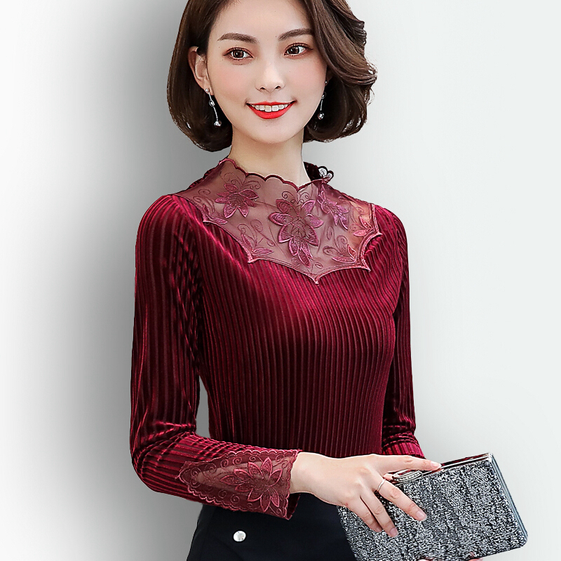蕾丝衫女长袖2018春秋装修身百搭小衫立领上衣时尚镂空打底衫绿色薄款