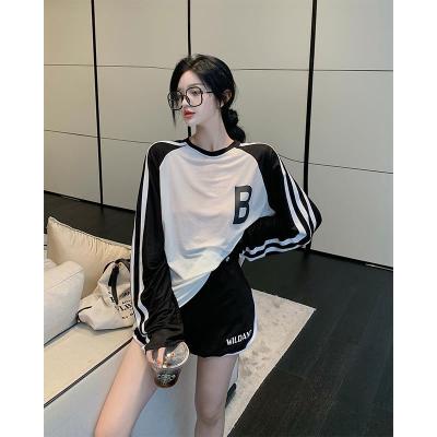 中长款长袖t恤女2021秋新款字母印花薄款撞色条纹宽松防晒上衣潮 黑白拼色(原版品质) S(70-95)