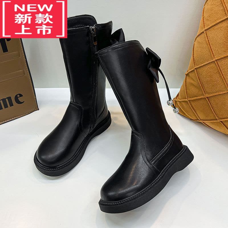 可莉允女童靴子秋冬季加绒公主鞋英伦风高筒单靴子小女孩皮靴儿童长筒靴图片