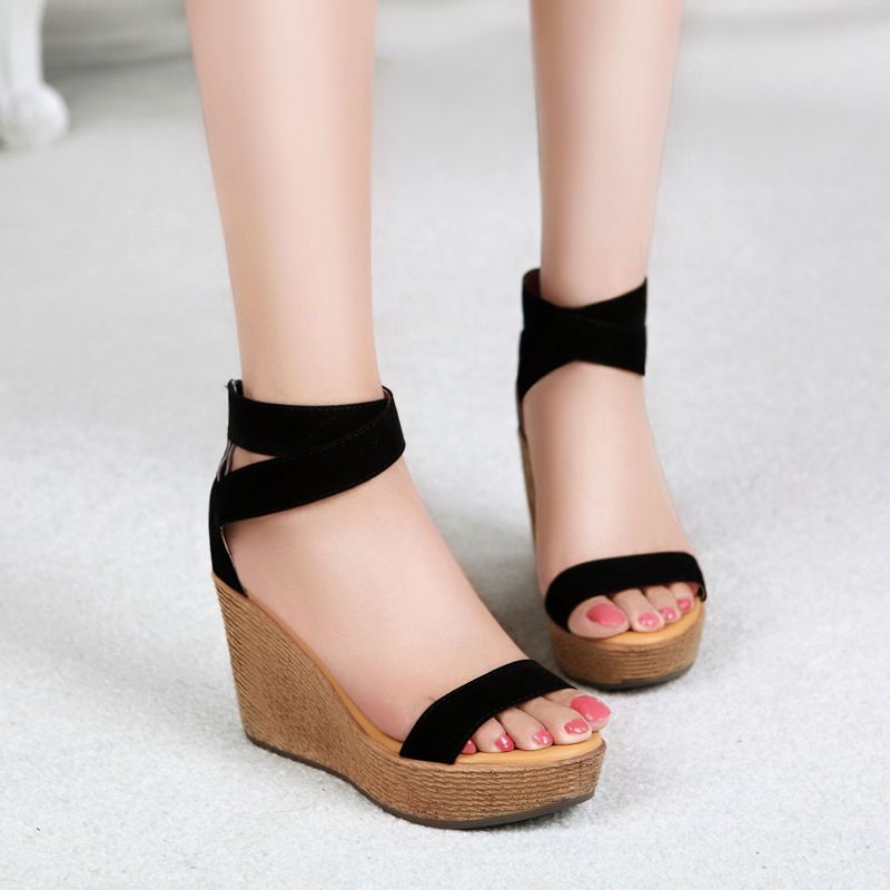 凉鞋女坡跟绑带新款黑色百搭松糕高跟ins潮超火厚底防水台女凉鞋黑色