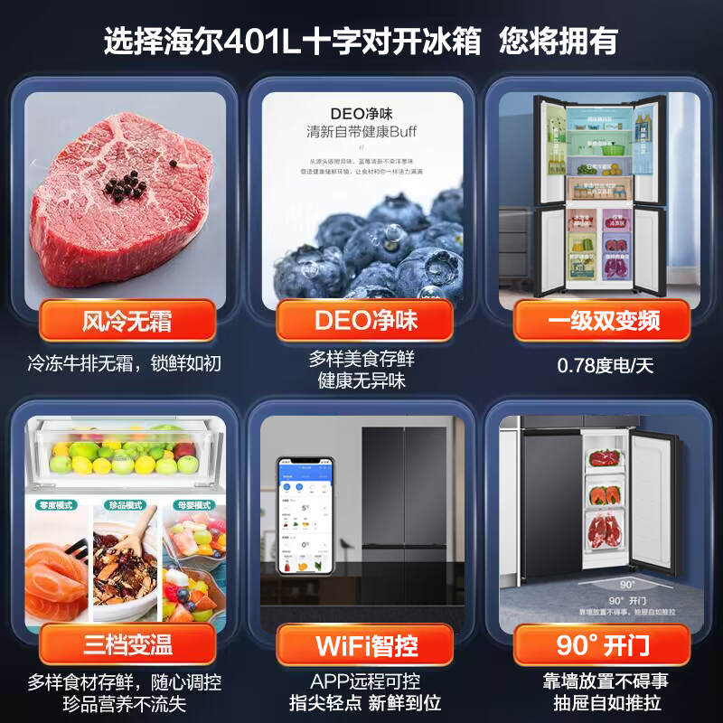 海尔(Haier)十字对开门冰箱401L容量家用 一级能效双变频 风冷无霜三档变温BCD-401WLHTDEDSDU1高清大图