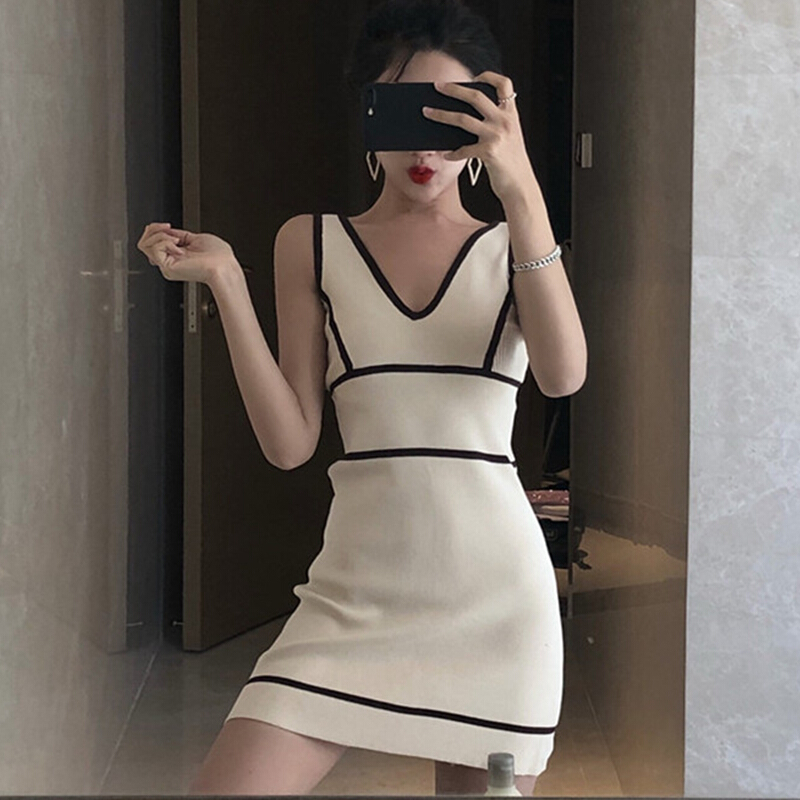 夏装港味性感V领条纹撞色修身包臀针织无袖连衣裙女深蓝加白均码