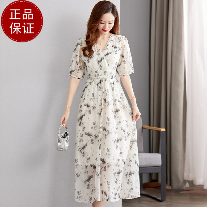 真丝连衣裙春夏2024新款高端轻奢减龄显瘦贵夫人裙桑蚕丝水墨印花裙