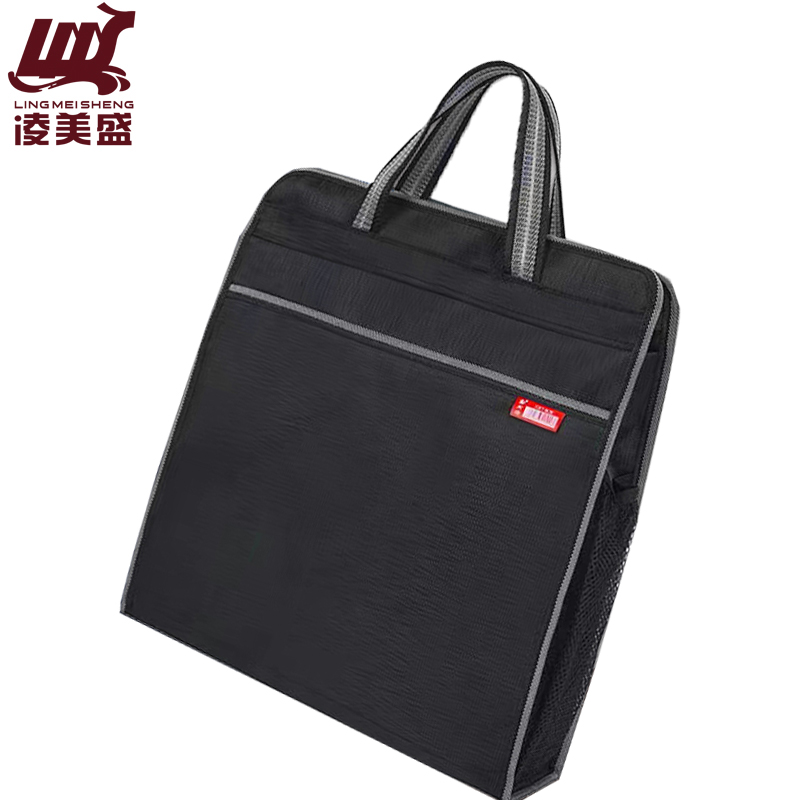 凌美盛 树皮纹竖款手提文件袋 双侧带网兜定制 909黑色/个高清大图