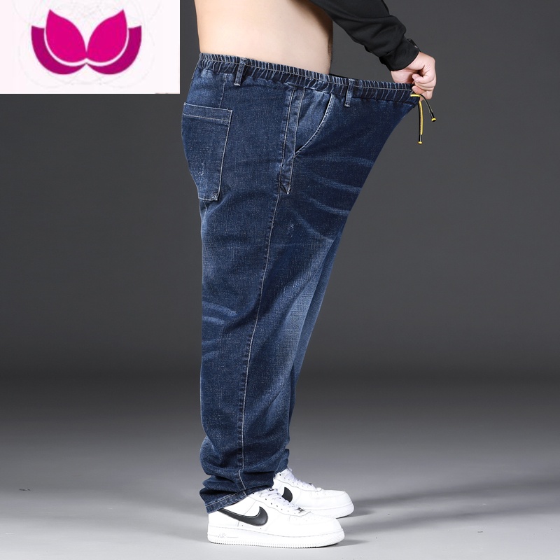 七斓胖人裤子牛仔裤男加肥加大运动裤新款肥佬大码松紧束脚款潮 S100-120斤穿 9004款深蓝色